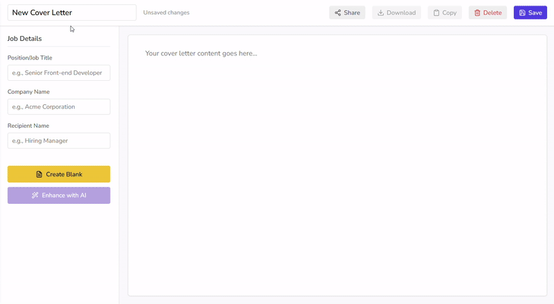 QuickCV cover letter builder interface showing easy editing features