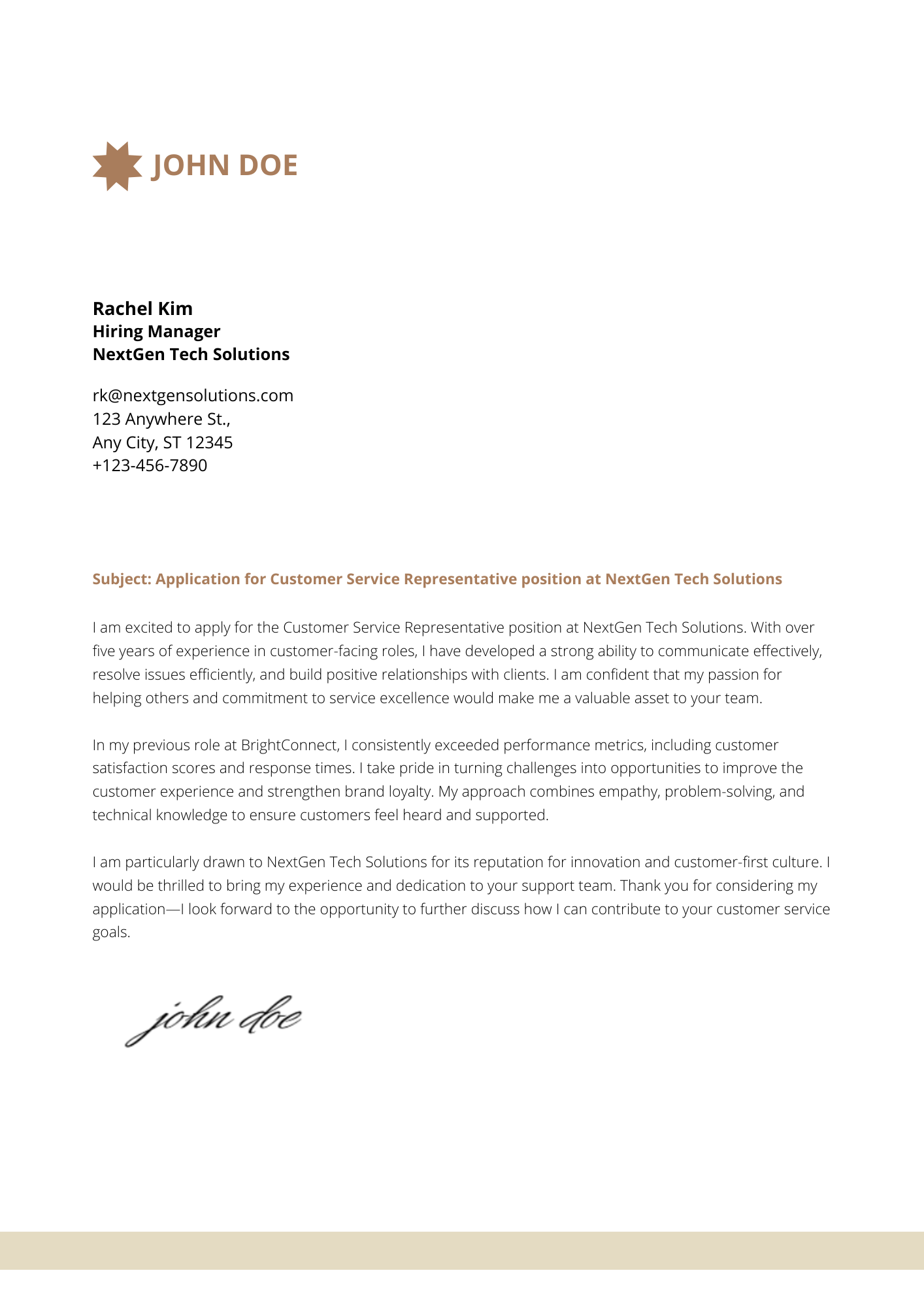 AI-generated cover letter example for Customer Service position