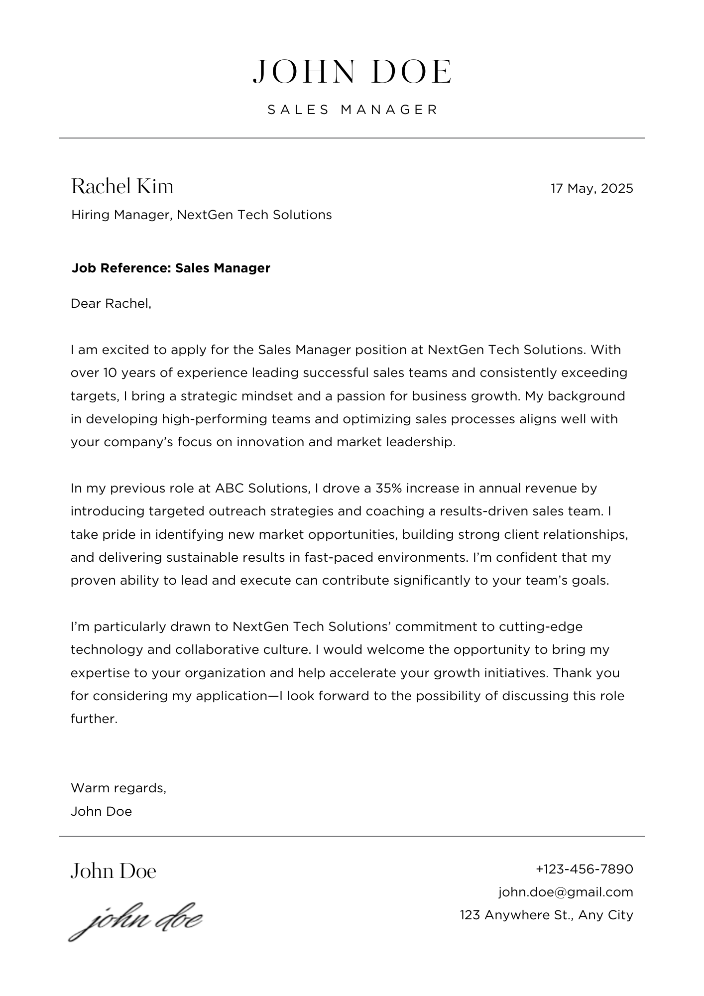 AI-generated cover letter example for Sales Manager position