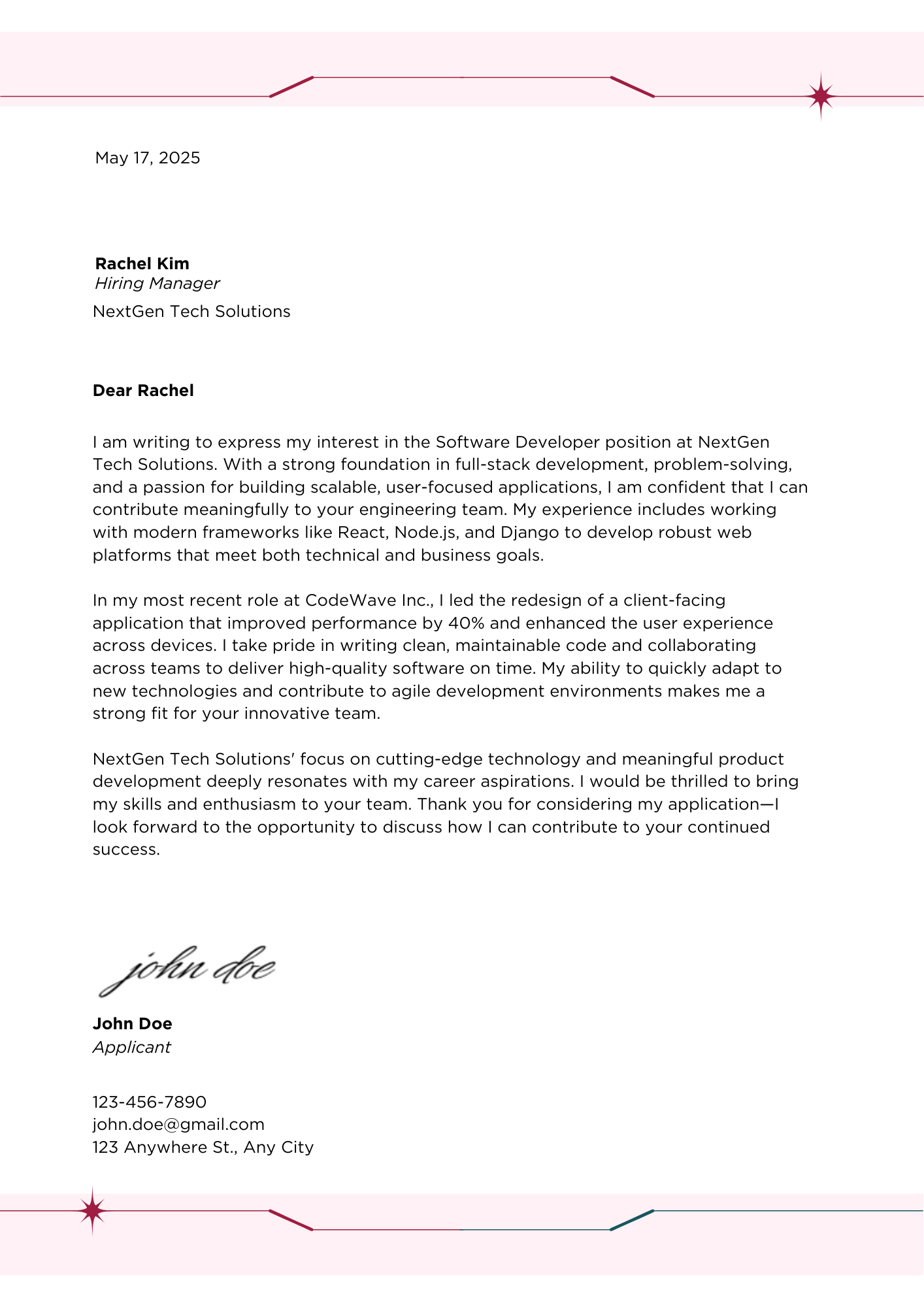 AI-generated cover letter example for Software Developer position